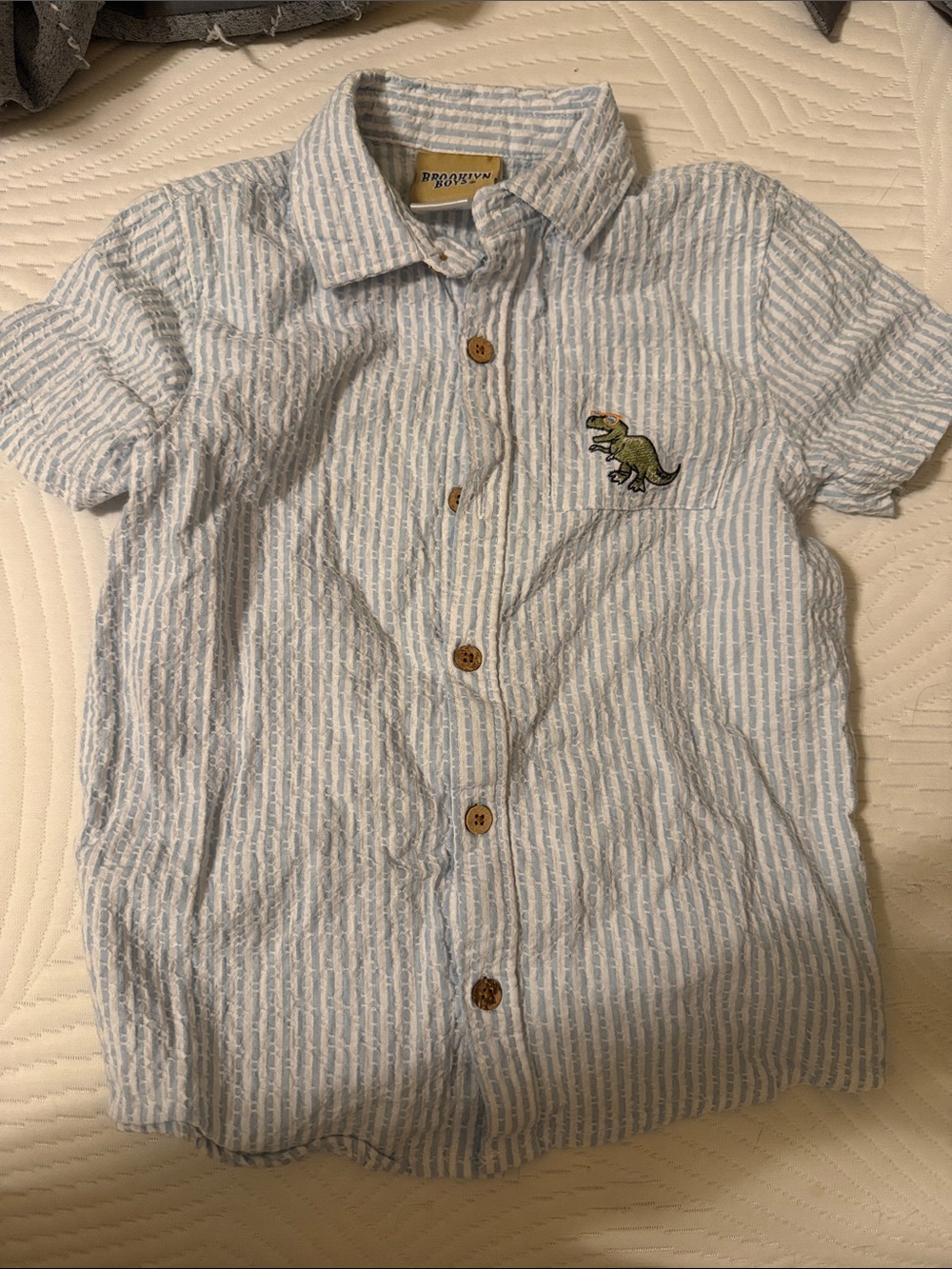 Breezy Blue Striped Dino Short-Sleeve Button-Down Shirt by